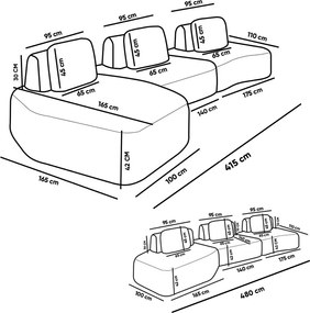 Sofá 3 Lugares Orgânico com Chaise e 2 Módulos Berlim Bouclê Cz K01 - D'Rossi - Cinza Claro/Grafite