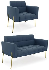 Sofá Namoradeira e Poltrona Pé de Ferro Dourado Elisa Suede D03 - D'Rossi - Azul Marinho