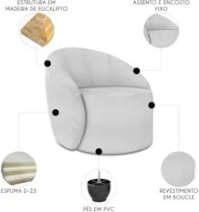 Sofá 2 Lugares 140cm Wendi e Poltrona Steve Boucle Cinza I01  - Mpozen