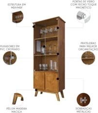 Cristaleira Porta de Vidro 70cm Pés Retrô Madri Naturalle   - Bechara