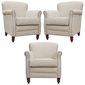 Kit 03 Poltronas Decorativas Sala de Estar Brunei Pés Madeira Couro Off White G58 - Gran Belo