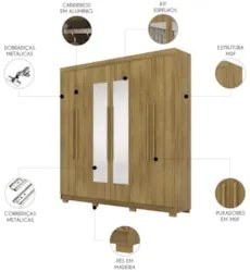 Guarda Roupa Casal 218cm Com Espelho Elegance Nature - Vila Rica