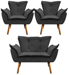 Namoradeira e 2 Poltronas Pé Palito Castanho Opala Corino D03 - D'Rossi - Preto