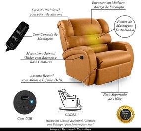 Poltrona do Papai Sala de Cinema Reclinável Kylie Glider Manual Giratória Massagem USB PU Whisky G23
