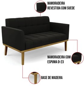 Sofá Namoradeira Base de Madeira Castanho Elisa Suede D03 - D'Rossi  - Preto