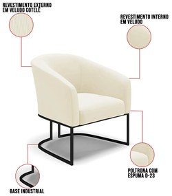 Poltrona Decorativa Industrial Preto Stella Cotelê Ext/Veludo Off White D03 - D'Rossi