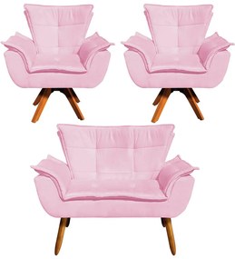 Sofá Namoradeira e 2 Poltronas Giratória MM30 Opala Suede D03 - D'Rossi - Rosa Bebê