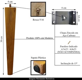 4 Pés Palito Quadrado Madeira 30cm e 4 Chapinhas Aço Inclinada 15º Mel/Zincado G75 / G59 - Gran Belo