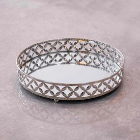 Bandeja Decorativa Redonda em Metal Prata com Espelho 20cm M02 - D'Rossi
