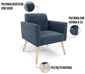 Poltrona Pés Palito Natural Marisa Suede - Azul Marinho