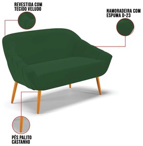 Kit 01 Namoradeira 02 Lugares e 02 Poltronas Giovana Veludo Pés Palito Castanho D01 - D'Rossi - Verde Esmeralda