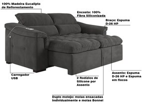 Sofá 2 Lugares Retrátil Com USB Para Sala de Estar Next 219cm Veludo Grafite G46 - Gran Belo