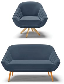 Kit 01 Namoradeira 02 Lugares e 01 Poltrona Giratória Giovana Suede Base Madeira MA30 - D'Rossi - Azul Marinho