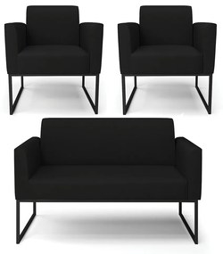 Sofá Namoradeira com 2 Poltronas Base Industrial Preto Marisa Linho Preto A79 D03 - DRossi