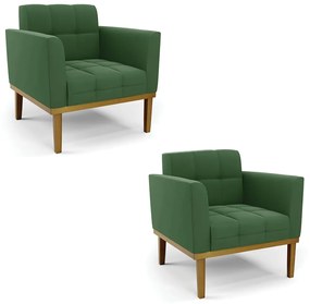 Poltrona Sala Decorativa Kit 2 Elisa Base de Madeira Castanho Suede D03 - D'Rossi - Verde