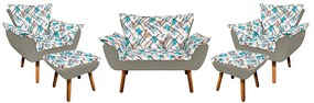 Kit 01 Namoradeira com 02 Poltronas e 02 Puffs Opala Composê Suede com Estampado Traçado Azul D33 Pés Palito Castanho - Marrom Rato