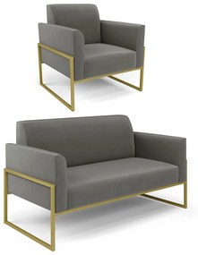 Sofá Namoradeira com Poltrona Base Industrial Alta Dourado Marisa Suede D03 - D'Rossi - Grafite