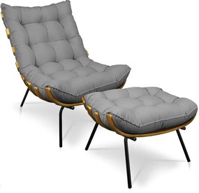 Kit 01 Poltrona e 01 Puff Costela Linho Base de Metal M11 - D'Rossi - A19 Grosso Bege