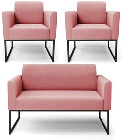 Sofá Namoradeira com 2 Poltronas Base Industrial Preto Marisa Suede D03 - D'Rossi - Rose