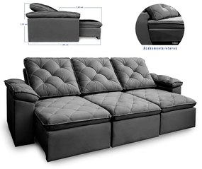 Sofá Reclinável Retrátil 3 Lugares 290cm Verus Veludo Cinza Grafite - Sheep Estofados - Cinza