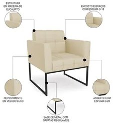 Poltrona Base Industrial Preto Kit 2 Ana Veludo Luxo Off White - Ibiza