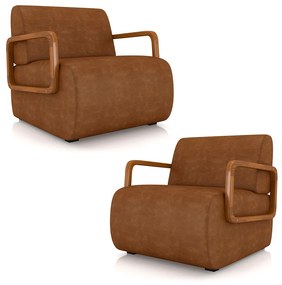 Kit 2 Poltronas Decorativa Sala de Estar Odessa Braços em Madeira PU Caramelo G33 - Gran Belo