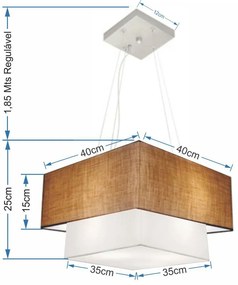 Lustre Pendente Duplo Quadrado Vivare Md-4157 Cúpula em Tecido 40x35cm Palha / Branco - Bivolt