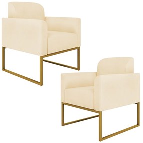 Kit 2 Poltronas Decorativas Isabella Base Industrial Suede Bege/Dourado G19