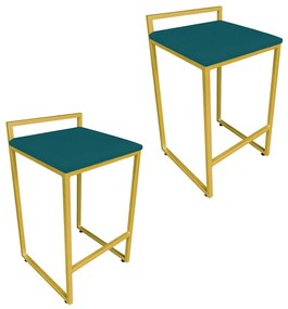 Conjunto 02 Banquetas Pietra Suede Base Dourado - Azul Pavão