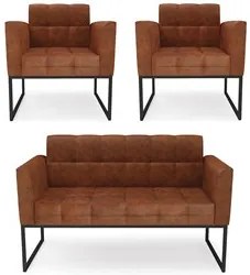 Sofá Namoradeira e 2 Poltronas Base Industrial Preto Ana Sintético PU