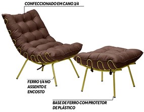 Conjunto Decorativo Poltrona e Puff Abel Base de Ferro Dourada Suede Chocolate G41 - Gran Belo