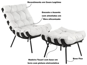 Poltrona e Puff Decorativos Sala de Estar Costela Base Preta Couro Branco G34 - Gran Belo