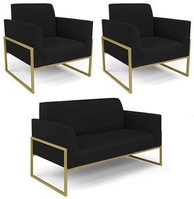 Sofá Namoradeira com 2 Poltronas Base Industrial Alta Dourado Marisa Linho D03 - D'Rossi - A79 Preto