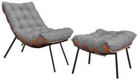Conjunto Decorativo Poltrona e Puff Abel Base de Madeira Preto Linho Cinza G41 - Gran Belo