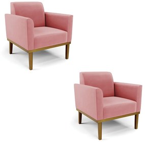 Kit 2 Poltronas Decorativas Isabella Pés Fixo em Madeira Castanho Suede Rose G19 - Gran Belo