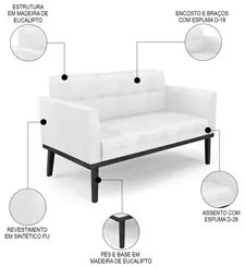 Sofá Namoradeira Base Madeira Preto Ana Sintético PU Branco - Ibiza