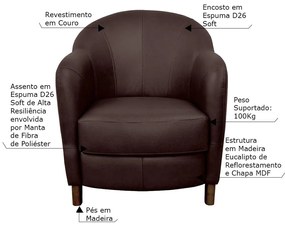 Kit 4 Poltronas Decorativas Sala de Estar Pés Madeira Kairós Couro Chocolate G03 - Gran Belo