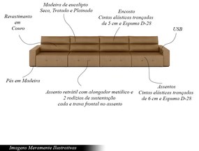 Sofá Retrátil 6 Lugares 444cm 4 Módulos Nero com USB Couro Caramelo G52 - Gran Belo