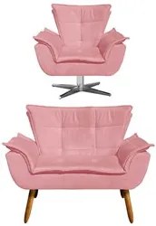 Kit Namoradeira 2 Lugares e 1 Poltrona Decorativa Giratória Cromada Op