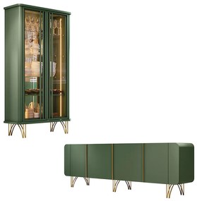 Conjunto Cristaleira Buffet com LED Portas de Vidro Pés Aço Maciço Cor Dourado Texas/Virginia Verde Pistache G26 - Gran Belo