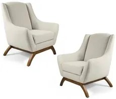 Kit 02 Poltronas Decorativas Juliet Base de Madeira B-370 Linho Bege C