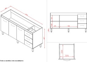 Balcão Cravo 3 Portas 3 Gavetas Cozinha MB1 160cm