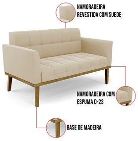 Sofá Namoradeira Base de Madeira Castanho Elisa Suede D03 - D'Rossi  - Bege