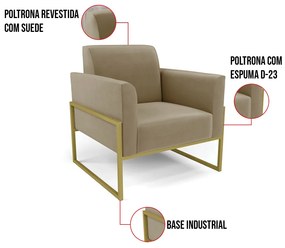 Kit 2 Poltronas Base Industrial Alta Dourado Marisa Suede D03 - D'Rossi - Marrom Rato