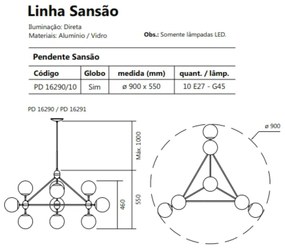Pendente Sansão Ø90X55X155 C/ 10 Globos 10Xe27 G45 / Metal E Globo Ø14... (BT - Branco Texturizado, FOSCO)