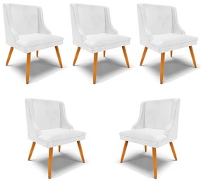 Kit 5 Cadeiras Decorativas Sala de Jantar Pés Palito de Madeira Firenze PU Branco Brilho/Natural G19 - Gran Belo