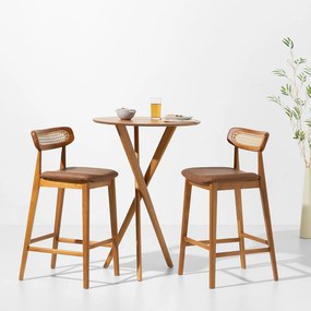 Conjunto Mesa Alta Thai Redonda - 70cm + 2 Banqueta Dalí Encosto Palha Larga Assento PU - Cognac