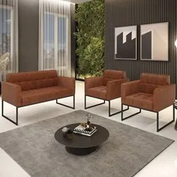 Sofá Namoradeira e 2 Poltronas Base Industrial Preto Ana Sintético PU