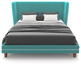 Conjunto Cama com Cabeceira Casal Torres Pés em Madeira Veludo Azul Turquesa G91 - Gran Belo