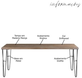 Mesa Sala de Jantar Cozinha Ludiana 140cm Grafite Madeira Maciça Driftwood G54 - Gran Belo